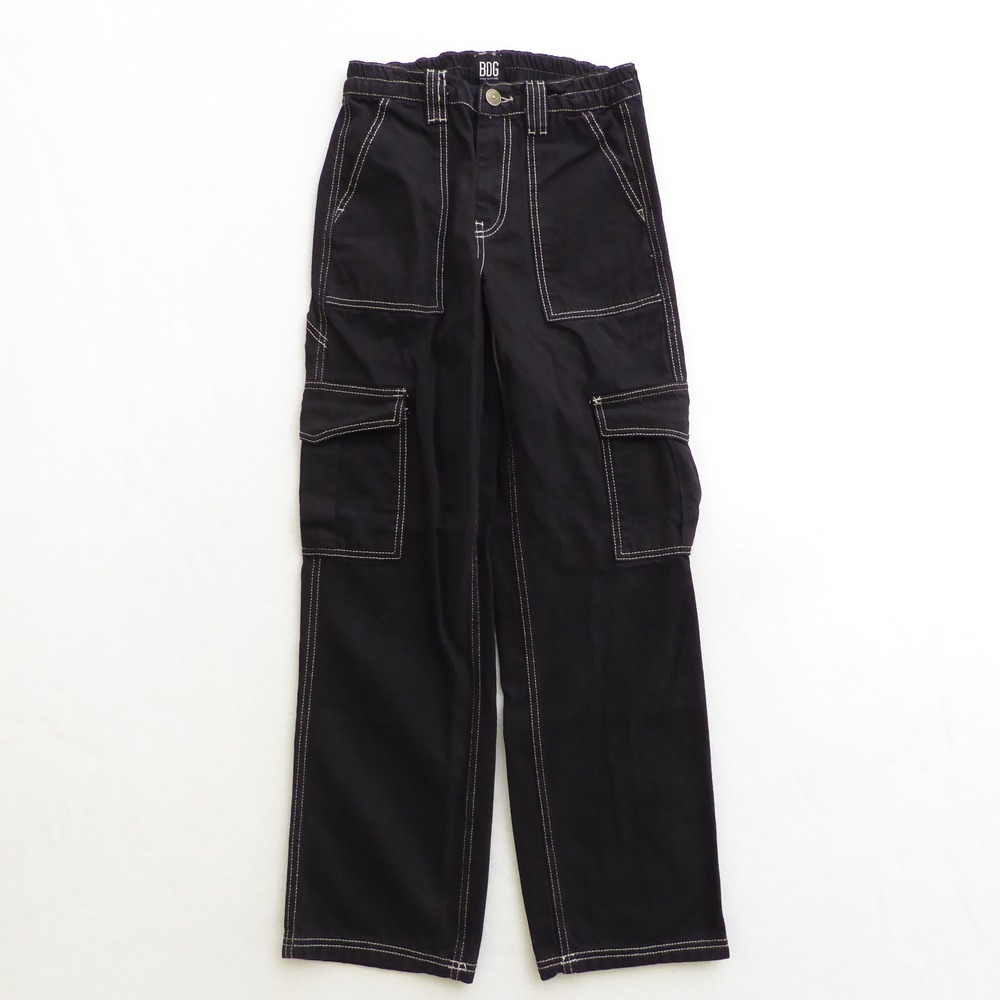 BDG Urban Outfitters Skate Black Wide Leg Cargo Pants Contrast Stitch Size 25